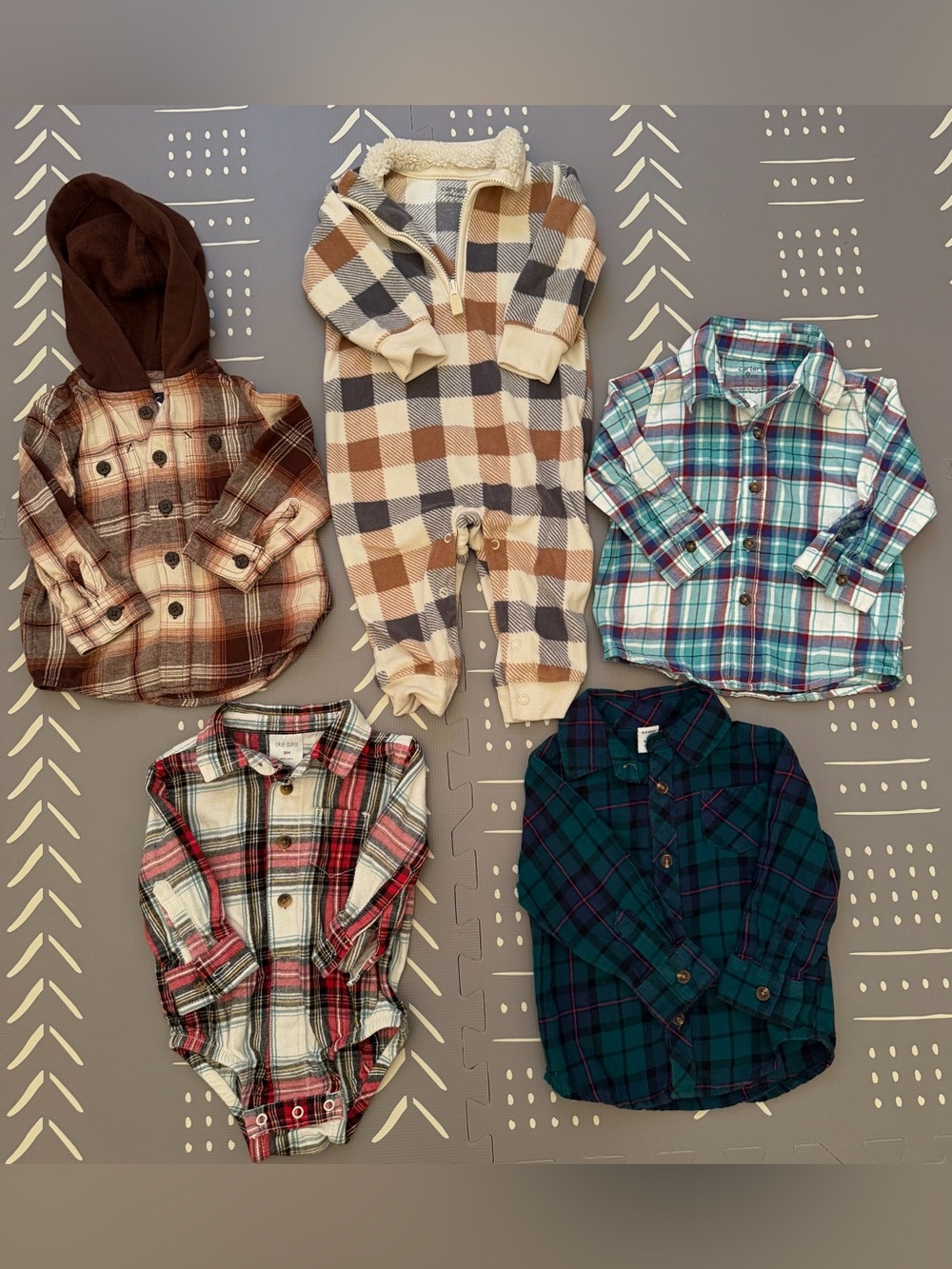 Carter's Baby Boy 9M / 6-12M Plaid Flannels & Fleece Romper Bundle - 5 Pc Lot